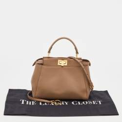 Pre Owned Fendi Taupe Leather Mini Peekaboo Top Handle Bag
