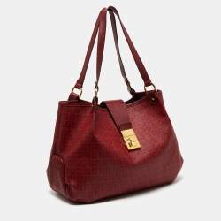 Pre Owned Fendi Red Zucchino Coated Canvas and Leather Chiusura Tote