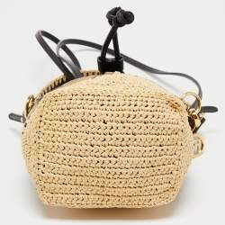 Pre Owned Fendi Beige/Black Pequin Raffia And Canvas FF Mini Mon Tresor Drawstring Bucket Bag