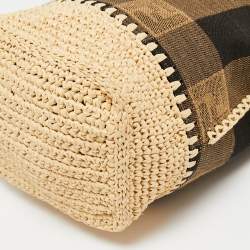 Pre Owned Fendi Beige/Black Pequin Raffia And Canvas FF Mini Mon Tresor Drawstring Bucket Bag