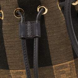 Pre Owned Fendi Beige/Black Pequin Raffia And Canvas FF Mini Mon Tresor Drawstring Bucket Bag