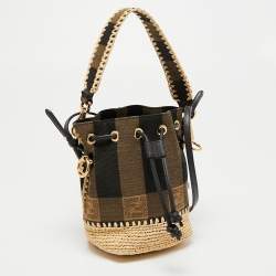 Pre Owned Fendi Beige/Black Pequin Raffia And Canvas FF Mini Mon Tresor Drawstring Bucket Bag
