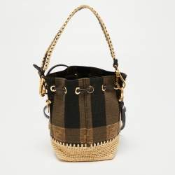 Pre Owned Fendi Beige/Black Pequin Raffia And Canvas FF Mini Mon Tresor Drawstring Bucket Bag
