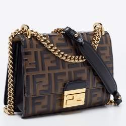 Pre Owned Fendi Black-Brown Zucca Leather Small Kan U Shoulder Bag