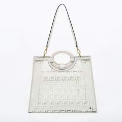 Pre Owned Fendi White Zucca PVC and Leather Runaway Shopper Tote
