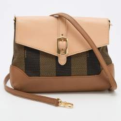 Pre Owned Fendi Brown/Beige Pequin Canvas And Leather Crossbody Bag