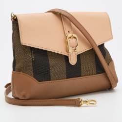 Pre Owned Fendi Brown/Beige Pequin Canvas And Leather Crossbody Bag
