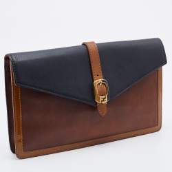 Pre Owned Fendi Black/Brown Leather and Patent Leather Trim Fendista Envelope Clutch