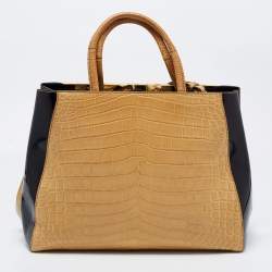 Pre Owned Fendi Beige/Black Crocodile and Patent Leather Medium 2Jours Tote