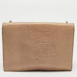 Pre Owned Fendi Beige Lizard Embossed Leather Wallet On Chain