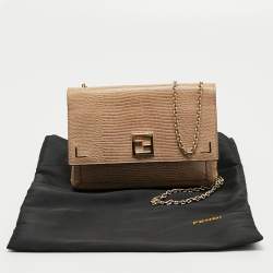 Pre Owned Fendi Beige Lizard Embossed Leather Wallet On Chain