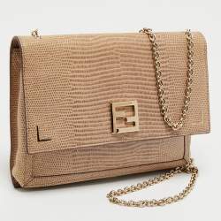 Pre Owned Fendi Beige Lizard Embossed Leather Wallet On Chain