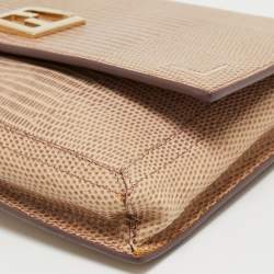 Pre Owned Fendi Beige Lizard Embossed Leather Wallet On Chain