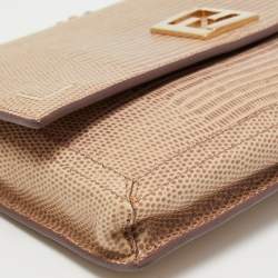 Pre Owned Fendi Beige Lizard Embossed Leather Wallet On Chain
