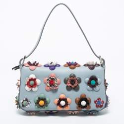 Pre Owned Fendi Dust Blue Flowerland Leather Baguette Bag