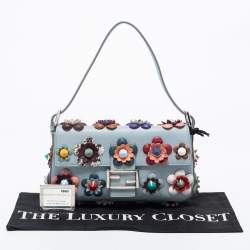 Pre Owned Fendi Dust Blue Flowerland Leather Baguette Bag