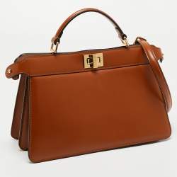Pre Owned Fendi Brown Leather Peekaboo ISeeU East-West Top Handle Bag