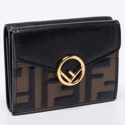 Pre Owned Fendi Black/Tobacco Zucca Embossed Leather Micro F is Fendi Trifold Wallet