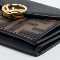Pre Owned Fendi Black/Tobacco Zucca Embossed Leather Micro F is Fendi Trifold Wallet