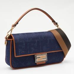 Pre Owned Fendi Blue/Brown Denim and Leather Baguette Crossbody Bag