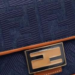 Pre Owned Fendi Blue/Brown Denim and Leather Baguette Crossbody Bag