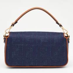 Pre Owned Fendi Blue/Brown Denim and Leather Baguette Crossbody Bag