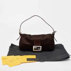 Fendi Brown Satin and Lizard Baguette Shoulder Bag