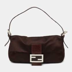 Fendi Brown Satin and Lizard Baguette Shoulder Bag