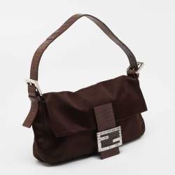 Fendi Brown Satin and Lizard Baguette Shoulder Bag