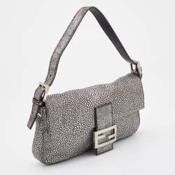 Fendi Silver Lurex Fabric and Leather Baguette Shoulder Bag