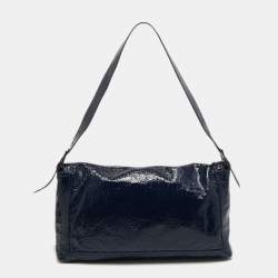 Pre Owned Fendi Navy Blue Patent Leather Maxi Convertible Baguette Bag
