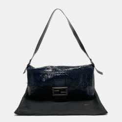 Pre Owned Fendi Navy Blue Patent Leather Maxi Convertible Baguette Bag