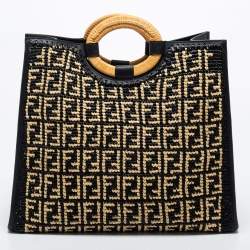 Pre Owned Fendi Black/Beige Woven Raffia and Leather Large Runaway Shopper Tote