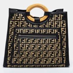 Pre Owned Fendi Black/Beige Woven Raffia and Leather Large Runaway Shopper Tote