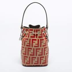 Pre Owned Fendi Beige/Red Monogram Embossed Leather Mini Mon Tresor Drawstring Bucket Bag