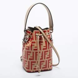 Pre Owned Fendi Beige/Red Monogram Embossed Leather Mini Mon Tresor Drawstring Bucket Bag