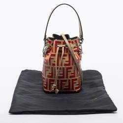 Pre Owned Fendi Beige/Red Monogram Embossed Leather Mini Mon Tresor Drawstring Bucket Bag