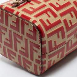 Pre Owned Fendi Beige/Red Monogram Embossed Leather Mini Mon Tresor Drawstring Bucket Bag