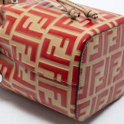 Pre Owned Fendi Beige/Red Monogram Embossed Leather Mini Mon Tresor Drawstring Bucket Bag