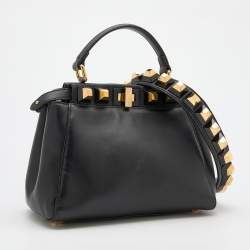 Pre Owned Fendi Black Leather Mini Studded Peekaboo Top Handle Bag