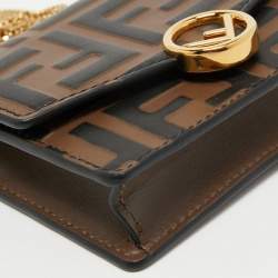 Pre Owned Fendi Brown/Black Zucca Leather Mini F is Fendi Wallet on Chain