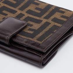 Pre Owned Fendi Brown Zucca Canvas and Leather FF Flap Compact Wallet