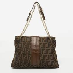 Fendi Tobacco Zucca Canvas and Leather Maxi Baguette Shoulder Bag