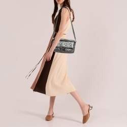 Fendi Metallic Grey Monogram Embossed Leather Baguette Shoulder Bag