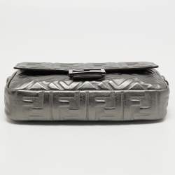 Fendi Metallic Grey Monogram Embossed Leather Baguette Shoulder Bag