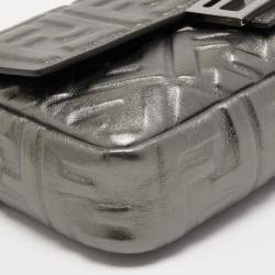 Fendi Metallic Grey Monogram Embossed Leather Baguette Shoulder Bag