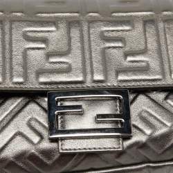 Fendi Metallic Grey Monogram Embossed Leather Baguette Shoulder Bag