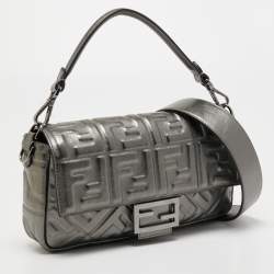Fendi Metallic Grey Monogram Embossed Leather Baguette Shoulder Bag