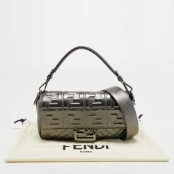 Fendi Metallic Grey Monogram Embossed Leather Baguette Shoulder Bag
