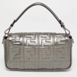 Fendi Metallic Grey Monogram Embossed Leather Baguette Shoulder Bag
